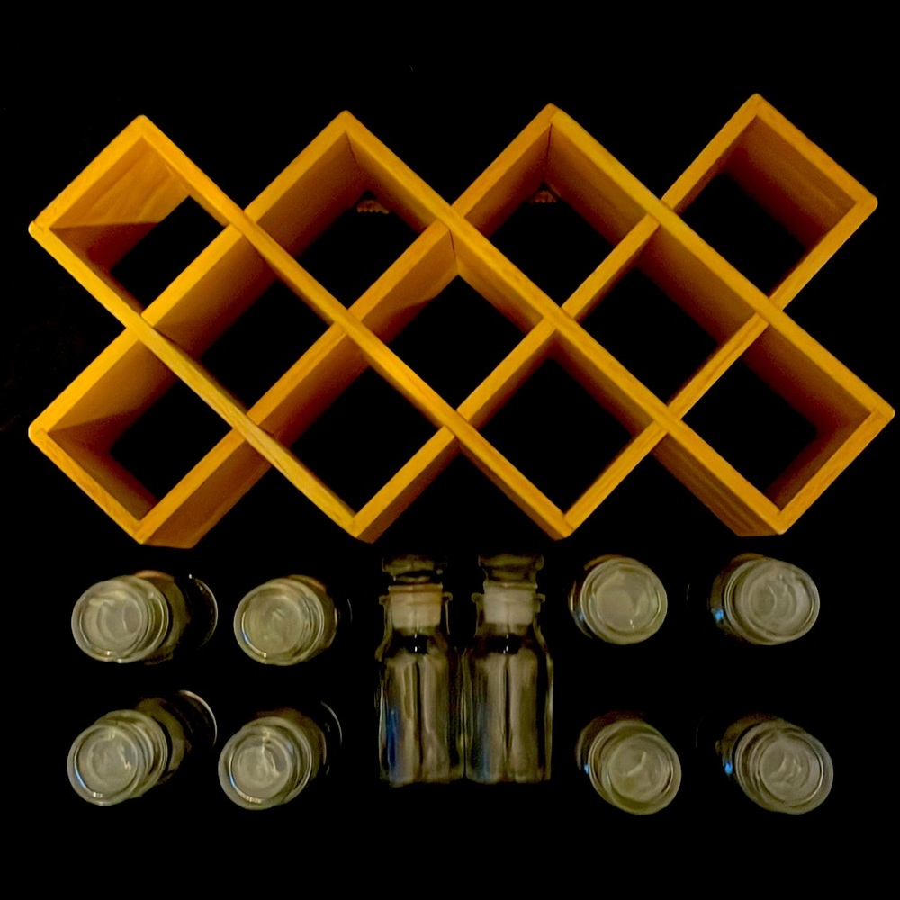 Bamboo spice rack with glass jars